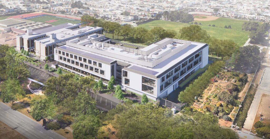 Architectural rendering of a multi-story school building complex situated next to athletic fields and gardens.