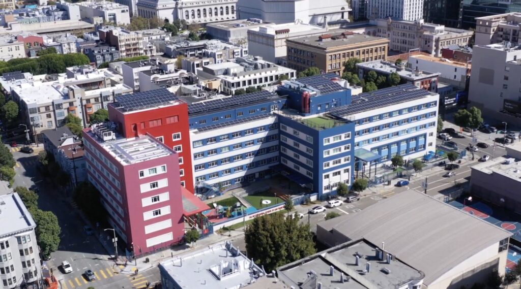 Aerial view of the International School of San Francisco campus on Oak Street