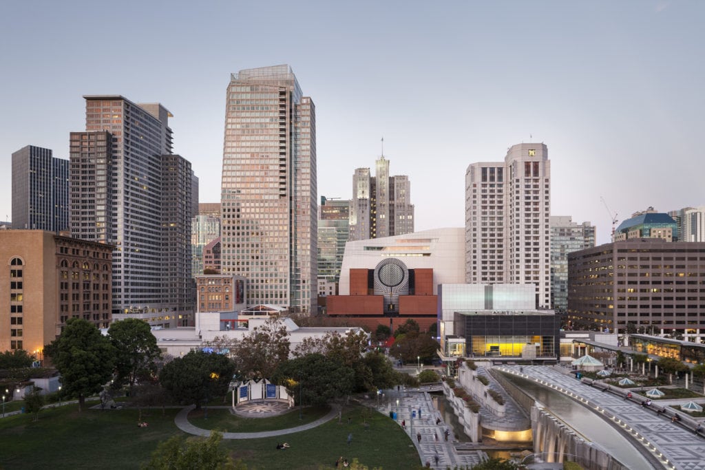 San Francisco skyline view featuring the Yerba Buena Gardens, the SFMOMA museum building, and surrounding high-rise towers.